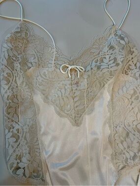 Silk-Look Lace Trim Chemise Slip - Cream